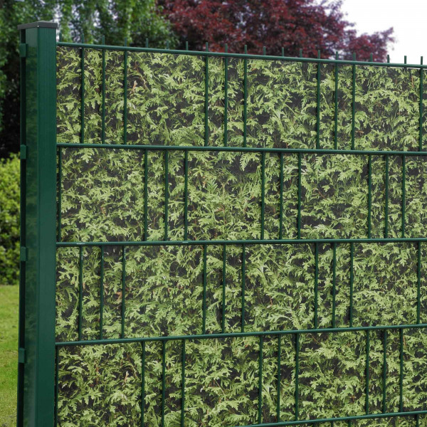 Bedruckte Sichtschutzstreifen für Gittermattenzaun, Motiv Thuja Anwendung Zaun